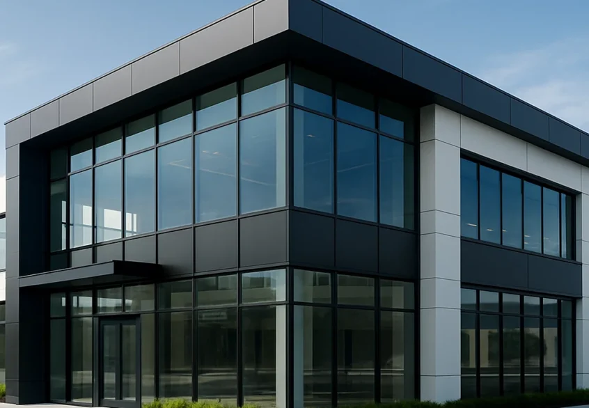 Moderne kontorbygning med store glasvinduer og sort-hvid facade, under en klar blå himmel.